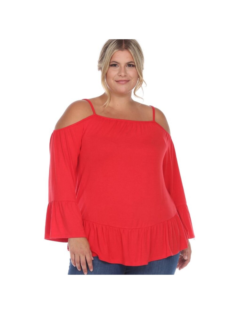White Mark Blouse 1XL Plus Red Cold Shoulder Peasant Peplum Boho Ruffle Hem